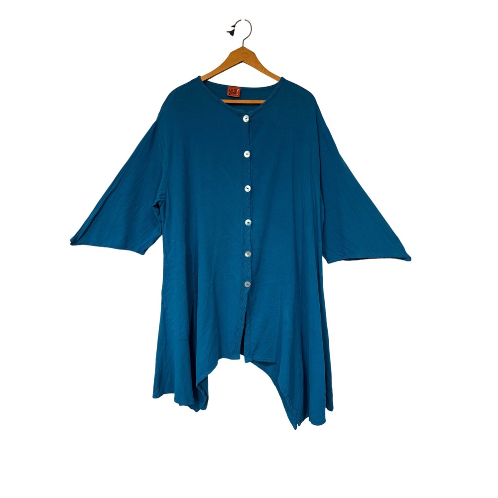 Oh My Gauze! Tunic Women Size 2 Teal Cotton Asymmetrical Lagenlook Boho Top
